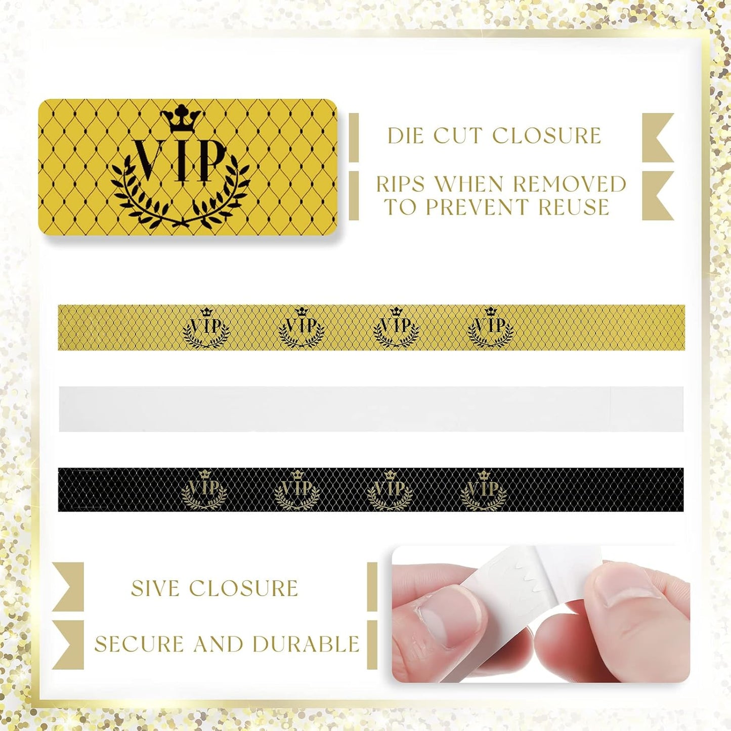 Jadive 500 Pieces Paper Wristbands VIP Plastic Waterproof Party Identification Wristbands Party Bracelets for Events Amusement Parks, Club, Concerts, Fairs, Festivals and Events(Black, Gold)