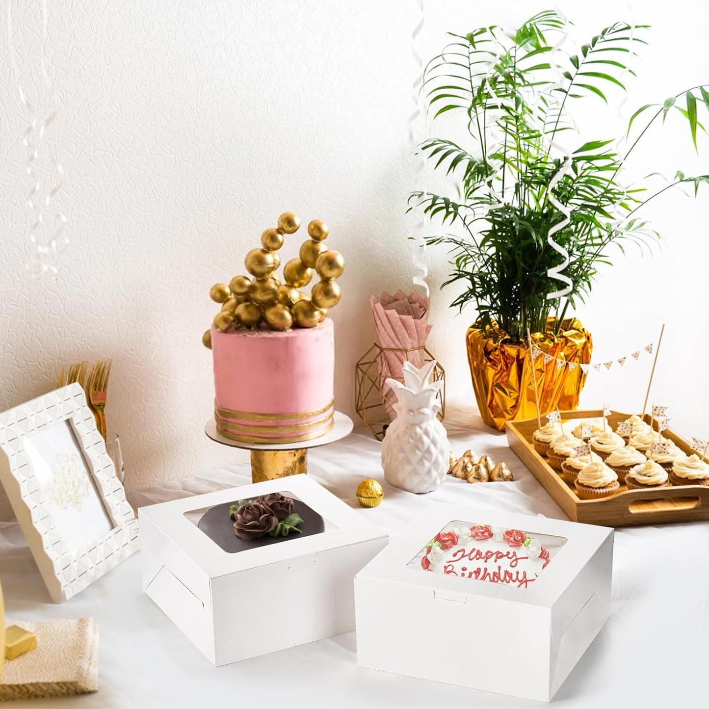 AVLA 20 Pack Cake Boxes with Window, 10 Inch Bakery Cake Boxes with Boards, Disposable Dessert Cake Container Carrier, White Pastry Pie Take Out Boxes for Wedding, Birthday Party, Easy Assembly