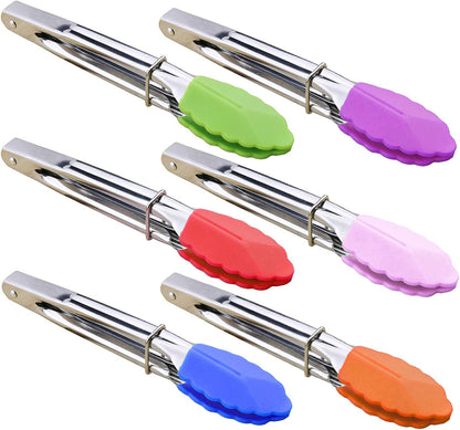 HINMAY Small Tongs with Silicone Tips 7-Inch Mini Serving Tongs, Set of 6 (Green Red Blue Purple Pink Orange)