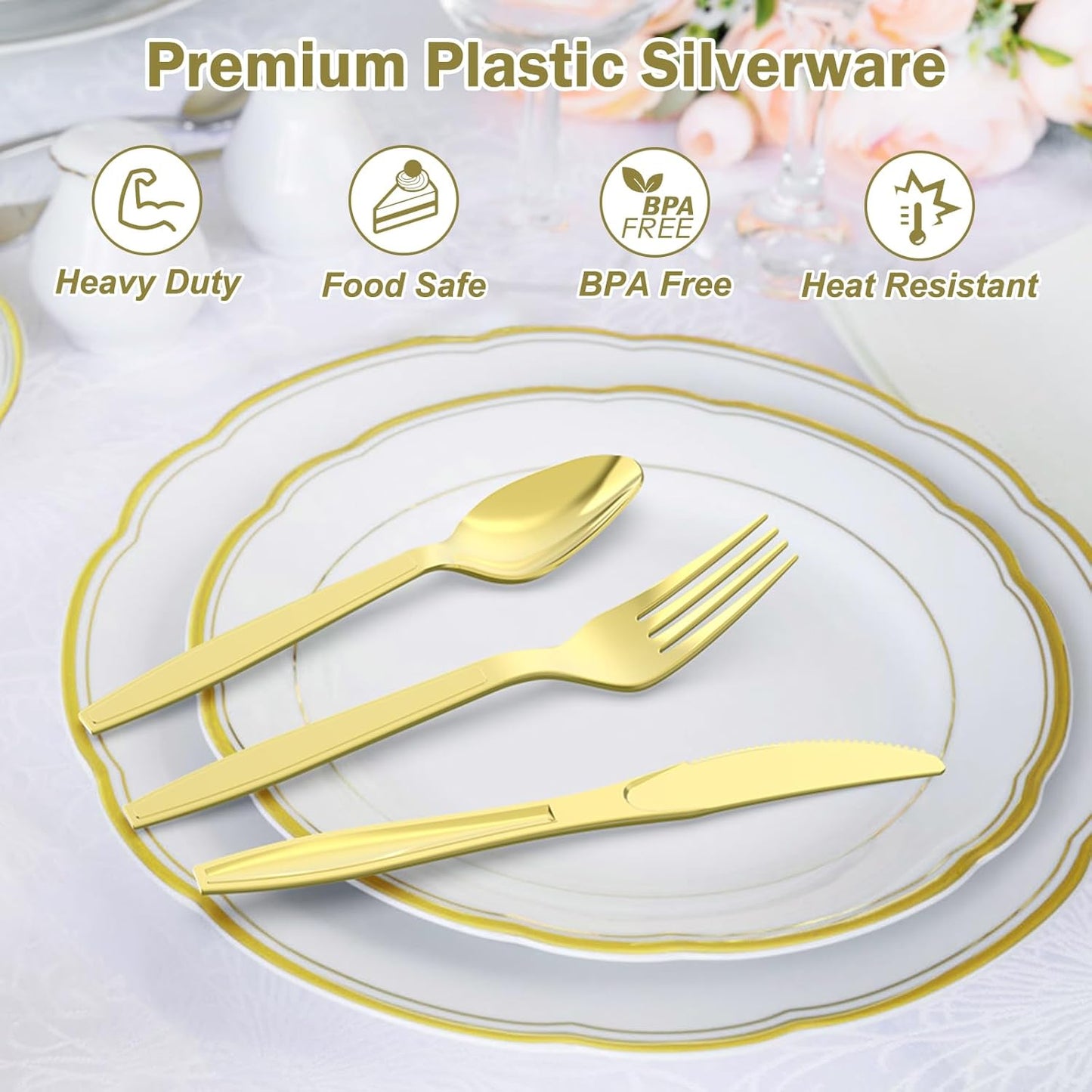 Dealusy 300 Count Extra Heavy Duty Clear Plastic Silverware, 100 Forks, 100 Spoons, 100 Knives, BPA-Free, Heat Resistant, Disposable Plastic Utensils Set, Plastic Cutlery Set, Plasticware Bulk