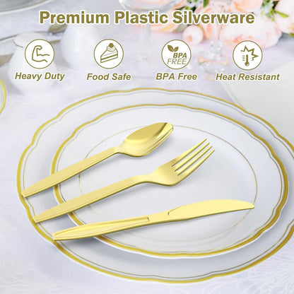 Dealusy 300 Count Extra Heavy Duty Clear Plastic Silverware, 100 Forks, 100 Spoons, 100 Knives, BPA-Free, Heat Resistant, Disposable Plastic Utensils Set, Plastic Cutlery Set, Plasticware Bulk
