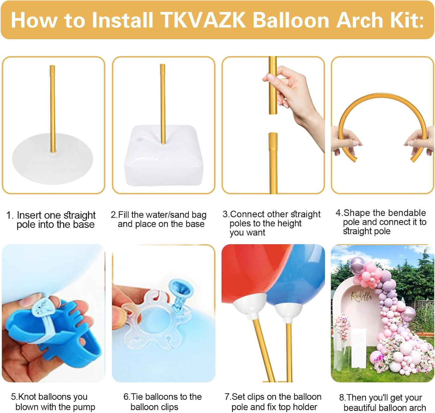 Balloon Arch Kit, Bendable 8FT and 6FT Balloon Arch Stand with Base and Manual Pump, Ballon Arch Stand Kit for Birthday Wedding Baby Shower Holiday Graduation Party Decoration(WHITE)