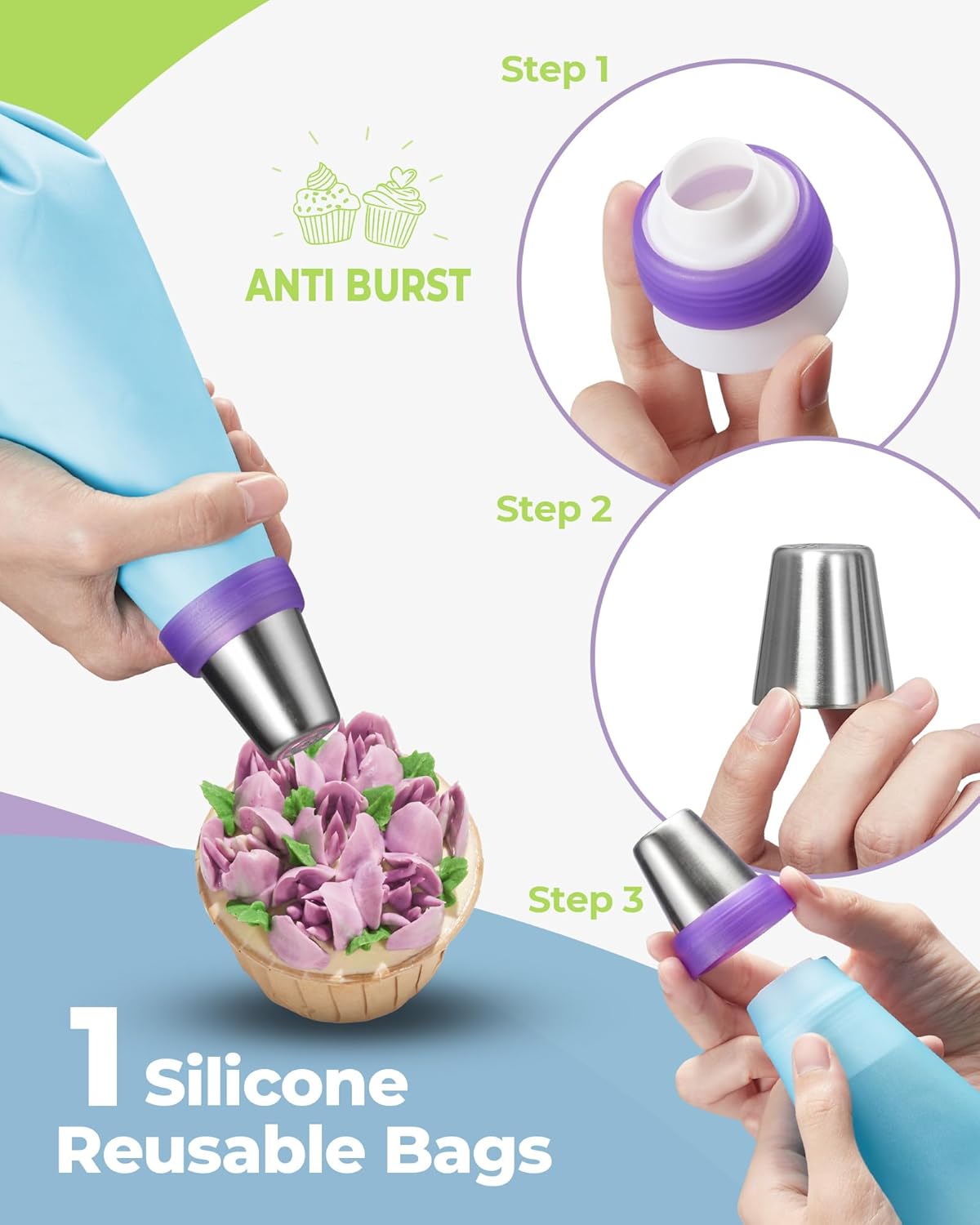 Kootek 48Pcs Russian Piping Tips Set, Piping Bags and Tips Set with 12 Russian Tips, 2 Icing Tips, 30+1 Pastry Bags, 3 Couplers for Cake Decorating, Cupcake, Cookie, Baking