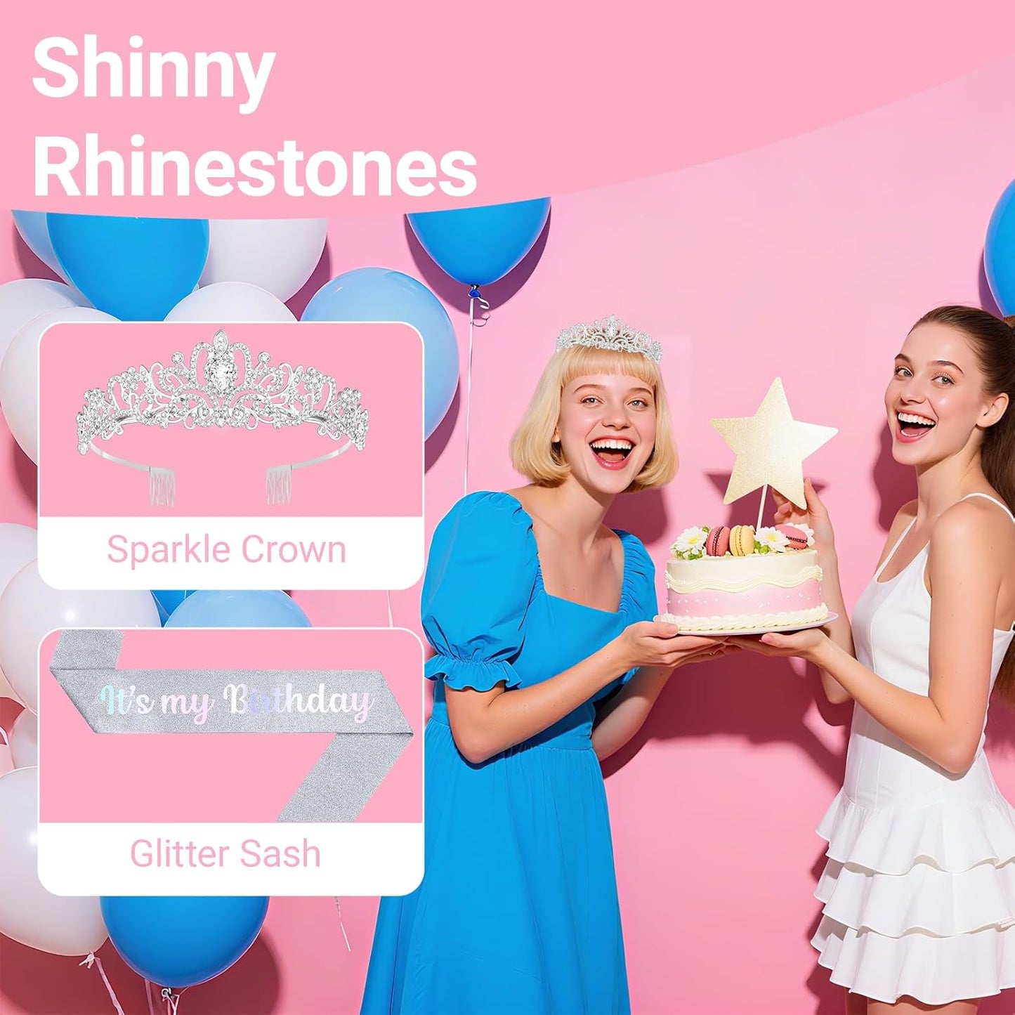 Birthday Tiara and Crown with Sash, Birthday Tiara for Women Party Silver