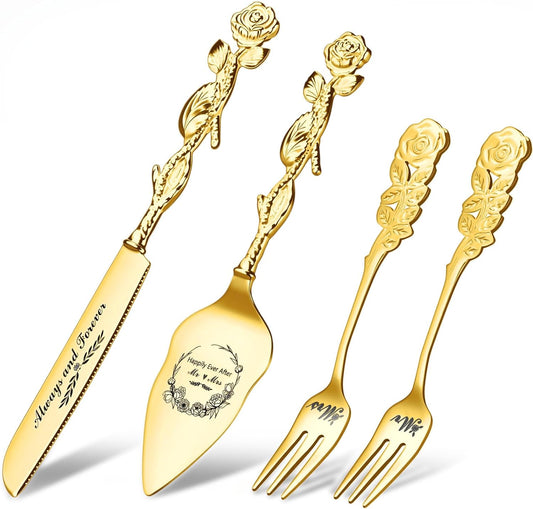 4 Pcs Wedding Cake Knife and Server Set with Forks Gold Engraved Cake Cutting Set Mr and Mrs Wedding Gifts for Couples Bridal Shower Anniversary Engagement Present