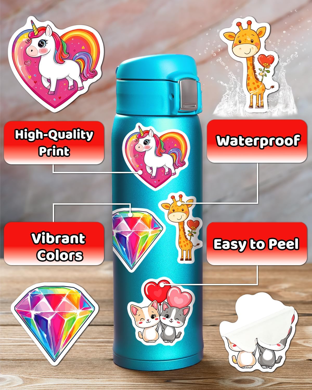 JCFIRE 200PCS Stickers for Kids, Waterproof Cute Mixed Animal Food Vinyl Scrapbook Stickers for Water Bottle, Book, Laptop, Goodie Bags Stuffers Kids Party Favors, Classroom Supplies Must Haves