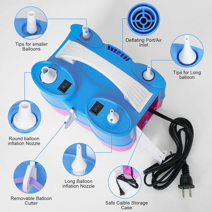 Electric Balloon Pump, Dagelar 3-in-1 Air Pump for Inflatables and Balloons, Portable Balloon Pump for Latex 260Q Long Foil Balloons, 110V Dual Nozzle Inflator Deflator for Pool Floats Air Beds (Teal)