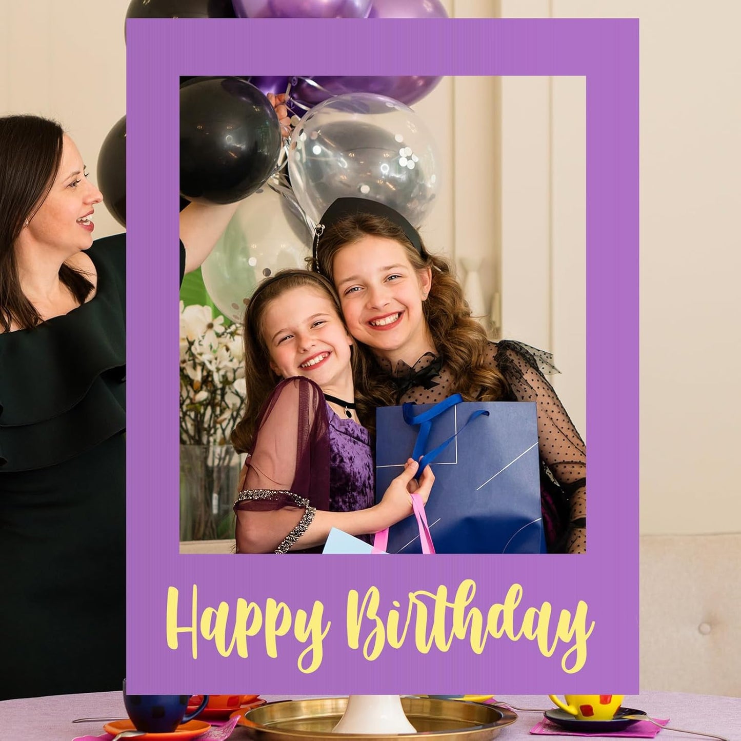 Beeveer 32 x 24 Inch Extra Large Happy Birthday Photo Booth Selfie Frame Props Picture DIY Cutouts Photo Backdrop Cardboard Props for Party Supplies Favors(Vertical,Shiny Gold)