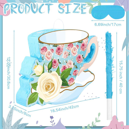 Aoriher 4 Pieces Tea Party Piñatas Tea Flower Themed Decorations Teapot Small Piñata Bundle with Blindfold and Stick Teacup Party Supplies Favors for Birthday(Pink,Teapot)