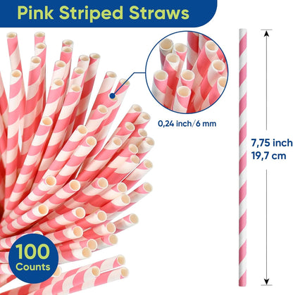 Disposable Paper Straws Solid Green - 7.75'' x 0.24'', 100 Counts - for Drinking, Beverage, Juice, Soda, Bar Supplies