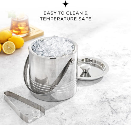 JoyJolt Metal Double Wall Ice Bucket with Lid, Ice Tongs and Strainer. 3L Insulated Ice Bucket for Cocktail Bar, Wine, Home Bar Accessories, Parties, Champagne Bucket. Stainless Steel Ice Buckets