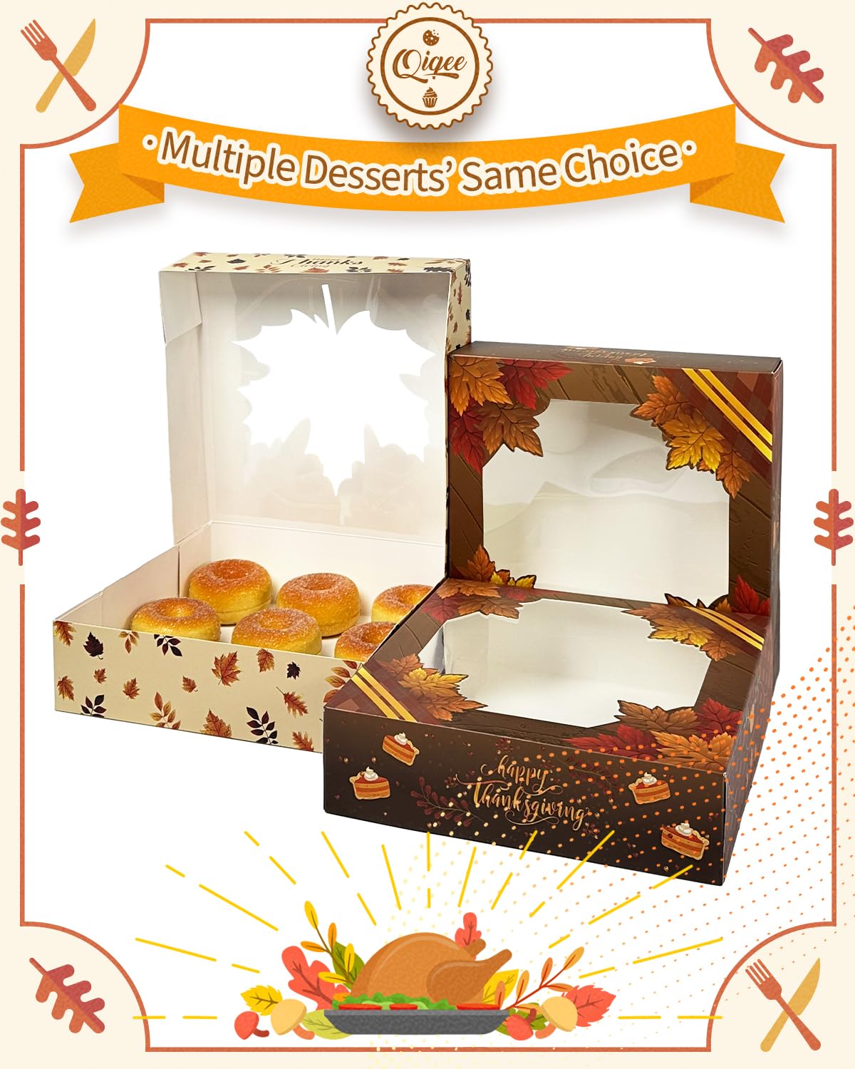 qiqee 8x8x2.5 Inch White Pastry Box With Window Donut Pie Boxes 12pcs Bakery Box (Auto-pop Up)
