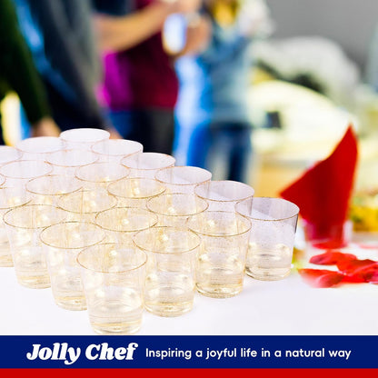 JOLLY CHEF 100 Pack 12 oz Gold Plastic Cups, Disposable Gold Cups, Heavy-duty Party Glasses for Wedding, Thanksgiving, Christmas Parties