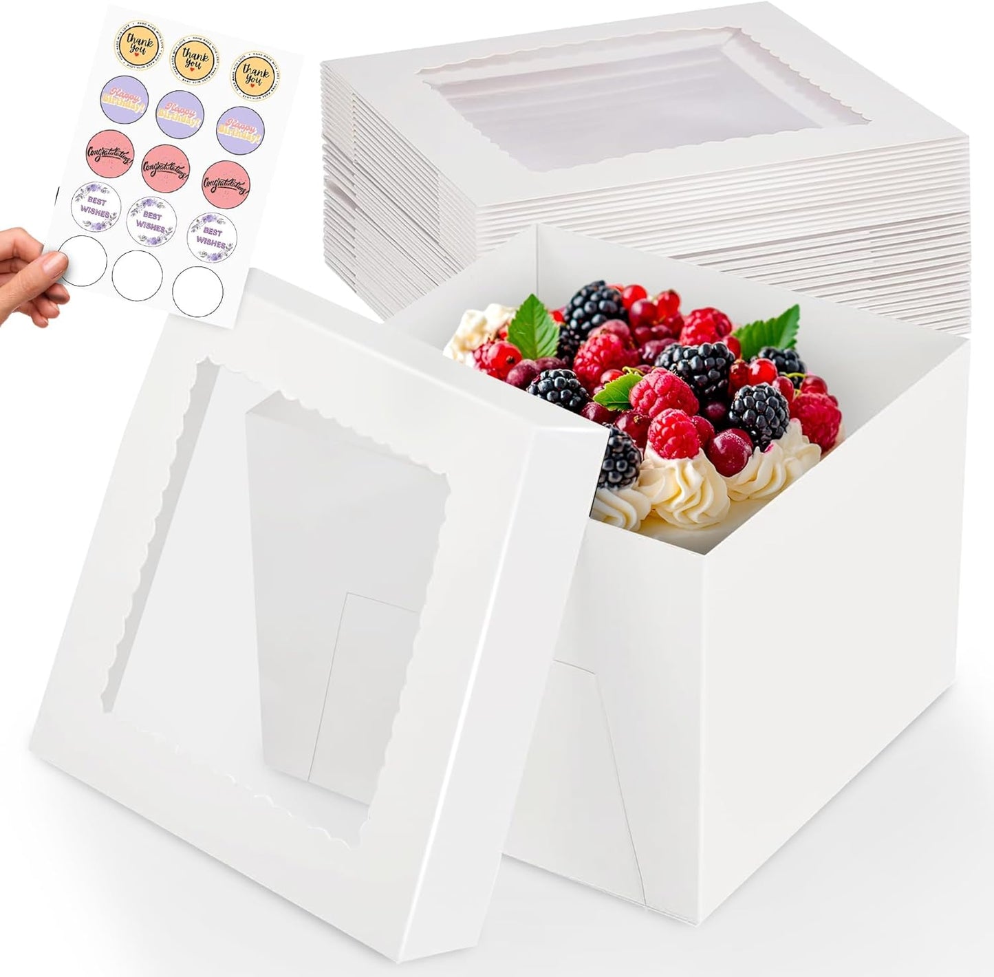 RICCLE 15pcs Cake Boxes, 10x10x8 Inches Tall Cake Box with Window, Large White Bakery Boxes, Baking Boxes, Square Cardboard Cake Box for Multi-Layer Cakes, Cake Decorating Supplies, Valentines Day