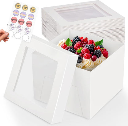 RICCLE 15pcs Cake Boxes, 10x10x8 Inches Tall Cake Box with Window, Large White Bakery Boxes, Baking Boxes, Square Cardboard Cake Box for Multi-Layer Cakes, Cake Decorating Supplies, Valentines Day