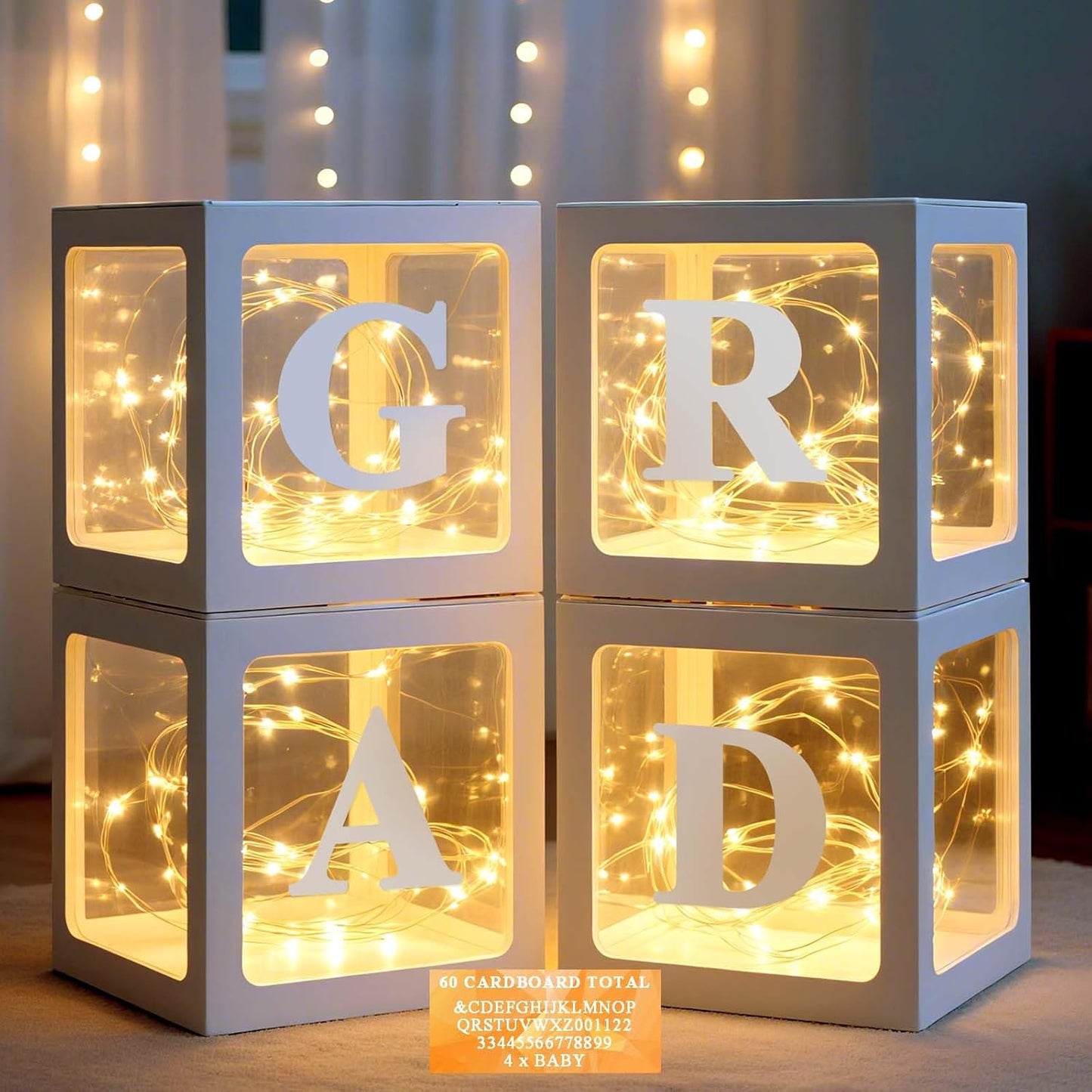 Ledido Transparent Balloon Boxes, Clear Balloon Boxes with 5 Pcs String Lights and 78 Letters for Baby Shower Gender Reveal 2026 New Year Grad Party Birthday Anniversary Bridal Decor - 5 White Boxes