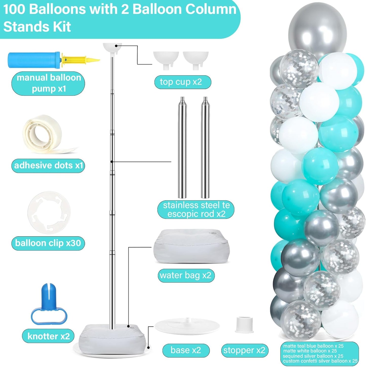 2 Set Black and Gold Balloons Column Stand Kit with 100 Balloons Adjustable Balloon Stand with Bases for Floor Black Gold Confetti Balloon Column Kit for Bridal Shower Valentine Birthday Party Decor