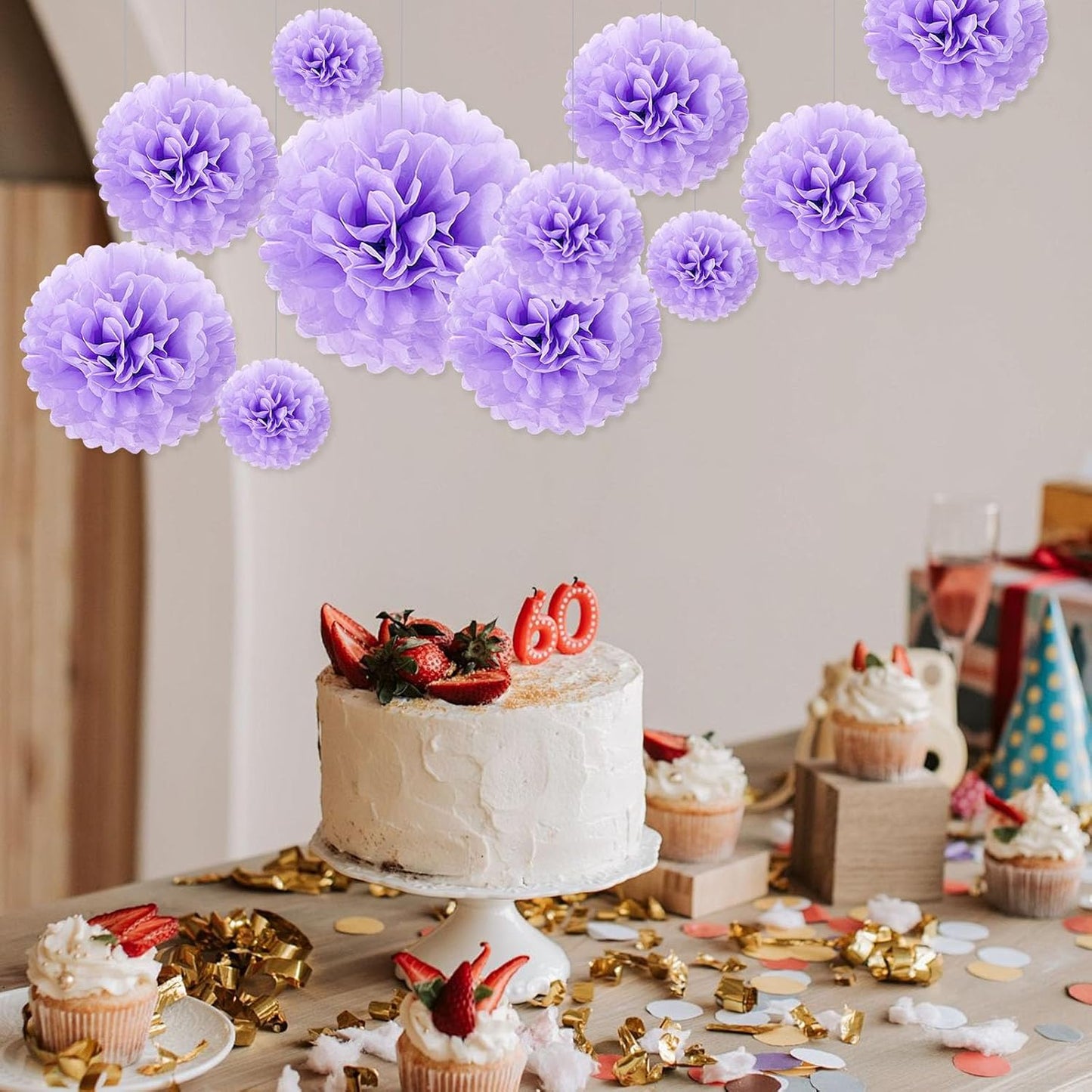 Tissue Paper Pom Poms, Pink Tissue Paper Flowers, Hanging Flower Balls for Weddings Fiesta Parties Birthday Baby Showers Classroom Bridal Shower Decoration (18Piece Set-6/10/12/14Inch)