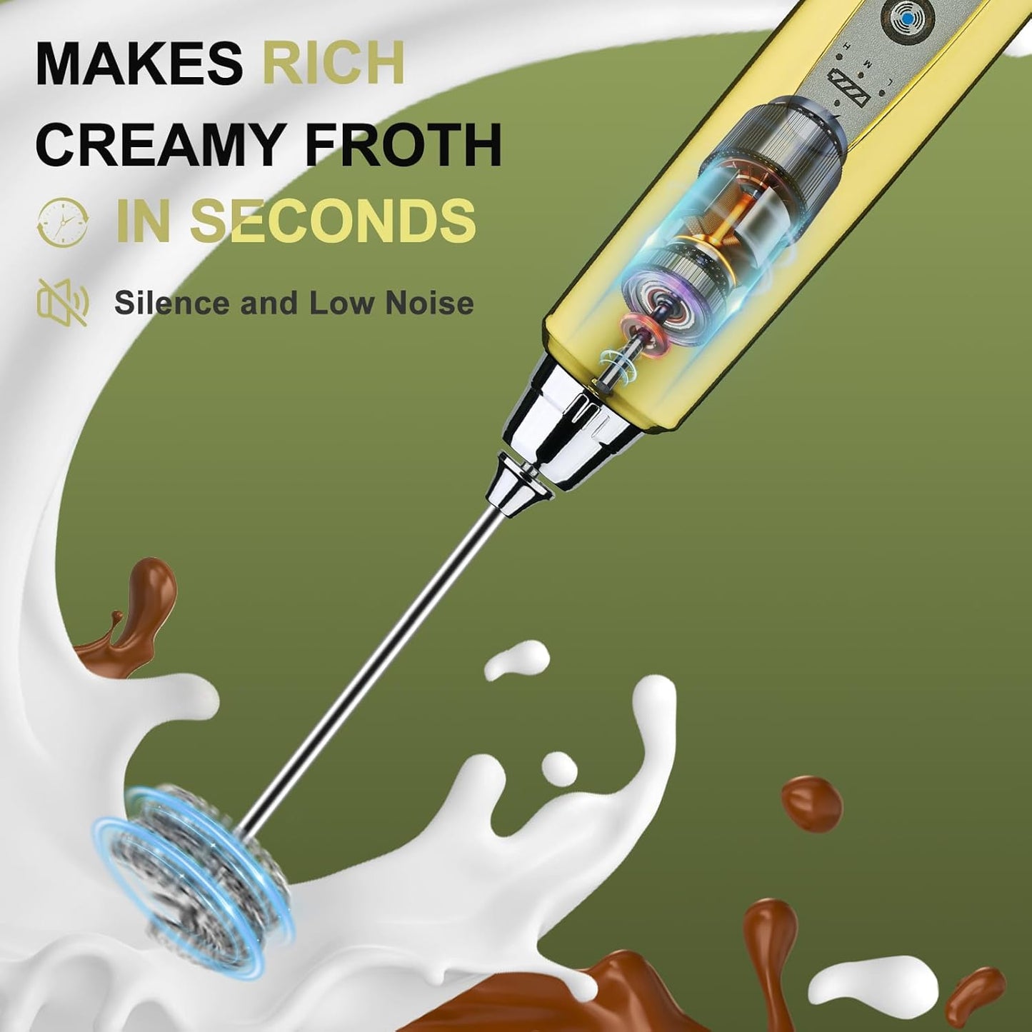 YUSWKO Black Handheld Milk Frother Wand for Coffee, Rechargeable Electric Whisk with 3 Heads 3 Speeds Drink Mixer Coffee Frother For Latte, Cappuccino, Hot Chocolate, Egg