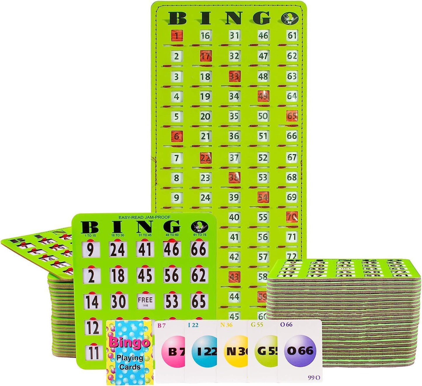 MR CHIPS Jam-Proof Bingo Cards with Sliding Windows, 25 Reusable Shutter Cards, 75 Calling Cards 1 Master Board in Tan Woodgrain Style