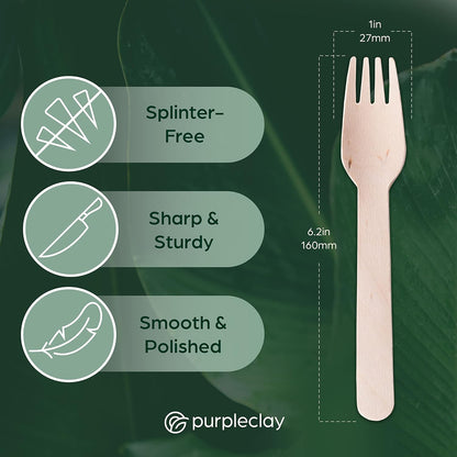 PURPLECLAY Wooden Disposable Utensils Set, 360 PCS Compostable Silverware (120 Forks, 120 Spoons, 120 Knives) Eco Friendly, Plastic-Free Cutlery for Parties & Catering, Alternative to Bamboo Utensils