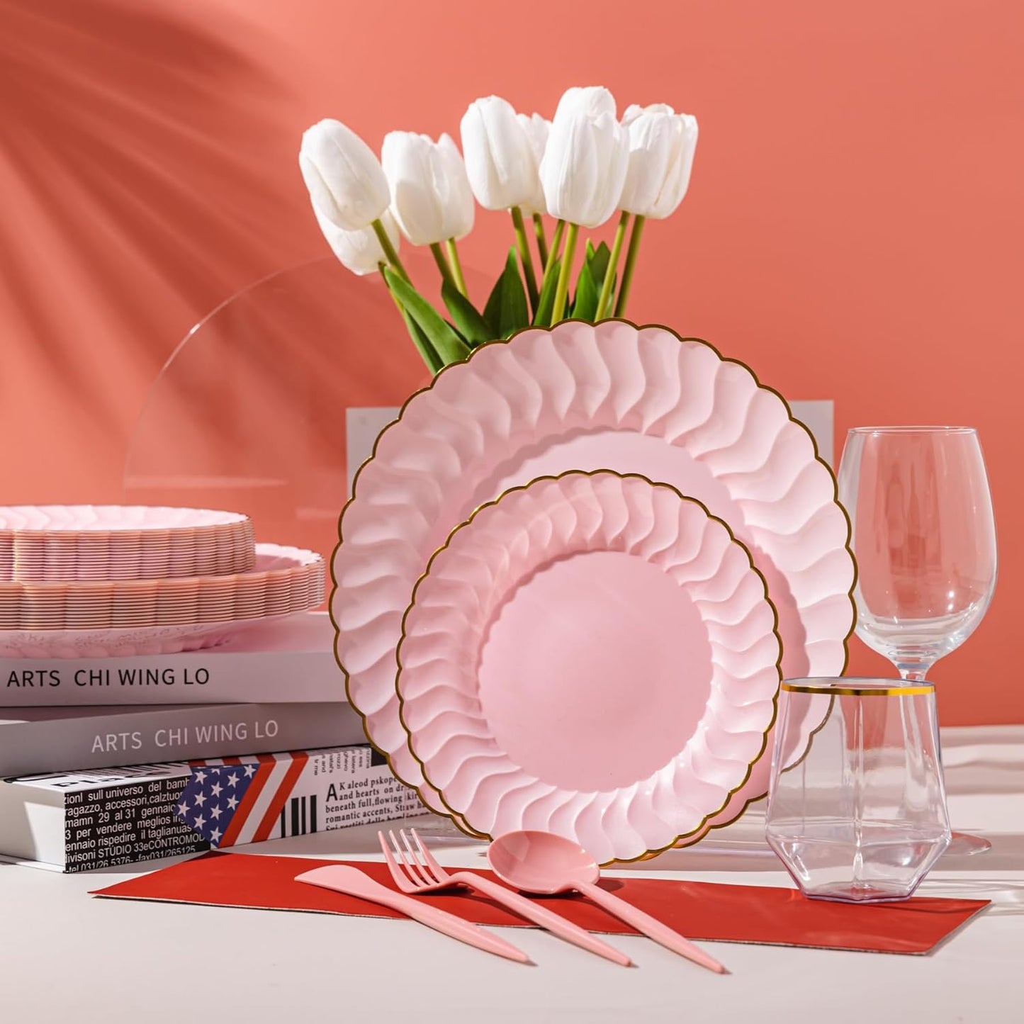 Lullaby 60PCS Ivory Scalloped Plastic Plates with Gold Rim, Disposable Elegant Plates Include 30pcs Dinner Plate 10.25", 30pcs Plastic Dessert Plate 7.5", Perfect for Wedding and Party