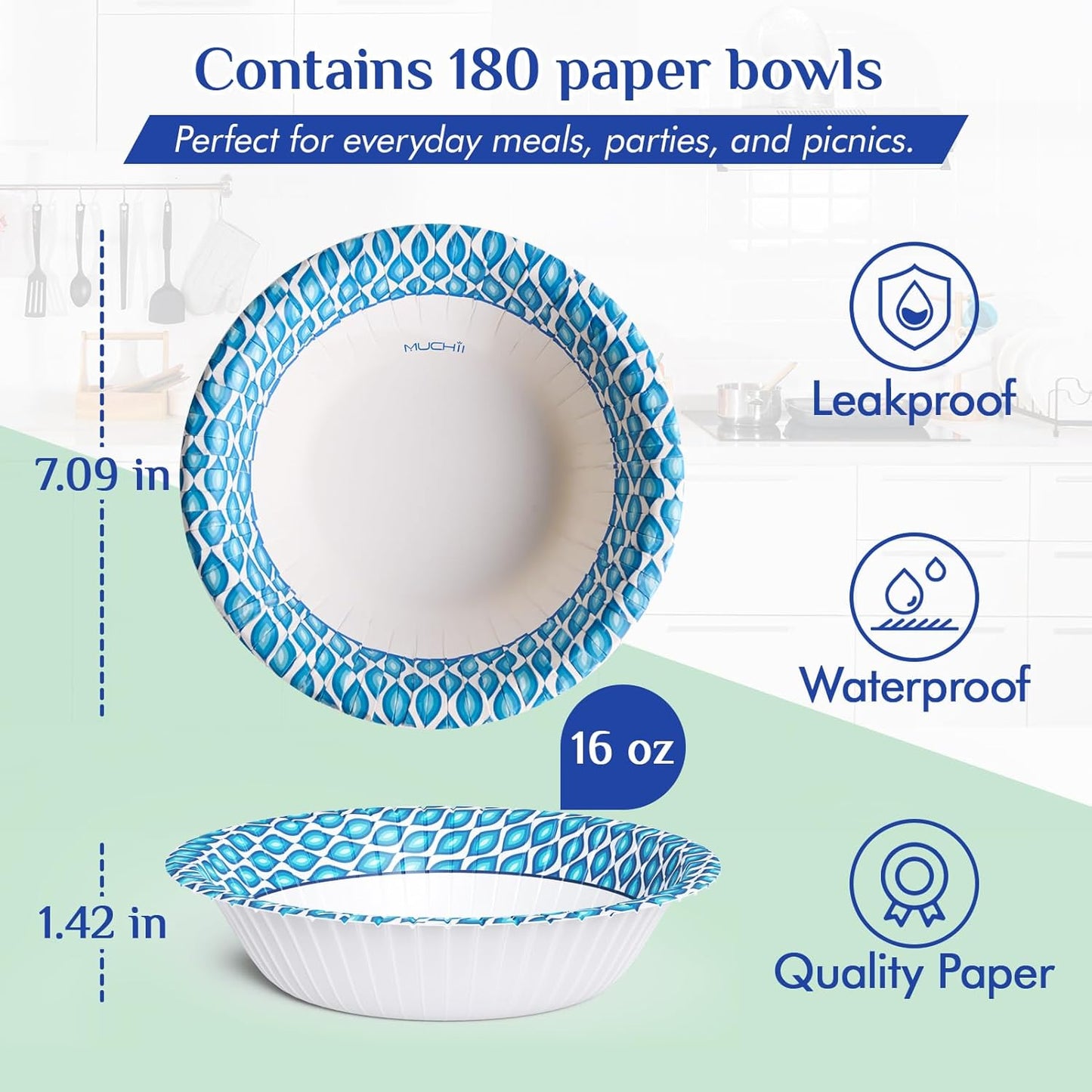 MUCHII 20 Oz Paper Bowls 180 Count Disposable Bowls, Printed Soak Proof Large Bowls for Breakfast, Lunch, and Dinner Meals