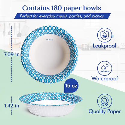 MUCHII 20 Oz Paper Bowls 180 Count Disposable Bowls, Printed Soak Proof Large Bowls for Breakfast, Lunch, and Dinner Meals