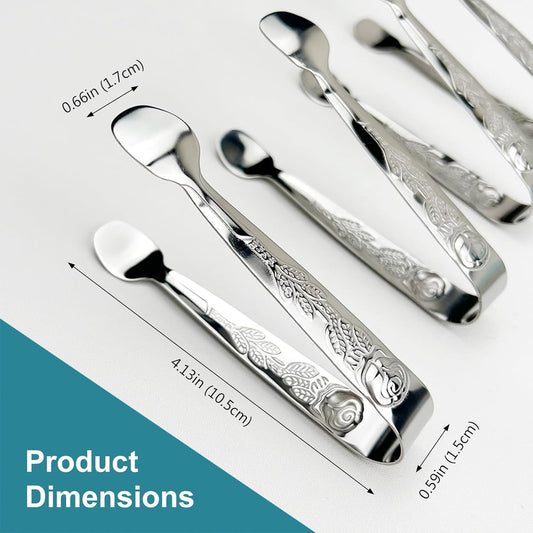 4PCS Rose Pattern Mini Serving Tongs – 4-Inch Stainless Steel Sugar and Ice Tongs for Tea Parties, Coffee Bars, Appetizers, and Kitchen Use (Silver)