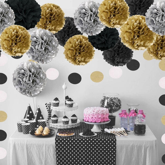 XIKSXITN 12 pc Rose Gold Gradient Tissue Paper Pom poms-Hanging Gold Dot White Paper Pom Poms Paper Flowers Ball for Party Decorative(8&10&12 inch)