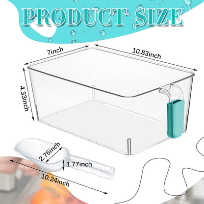Havawish Ice Storage Bin and Flexible Scoop Set Plastic Freezer Bin with Pull Out Handle Storage Bucket Clear for Container with Scoop(Grey,10.83 x 4.92 x 4.33 in,Classic)