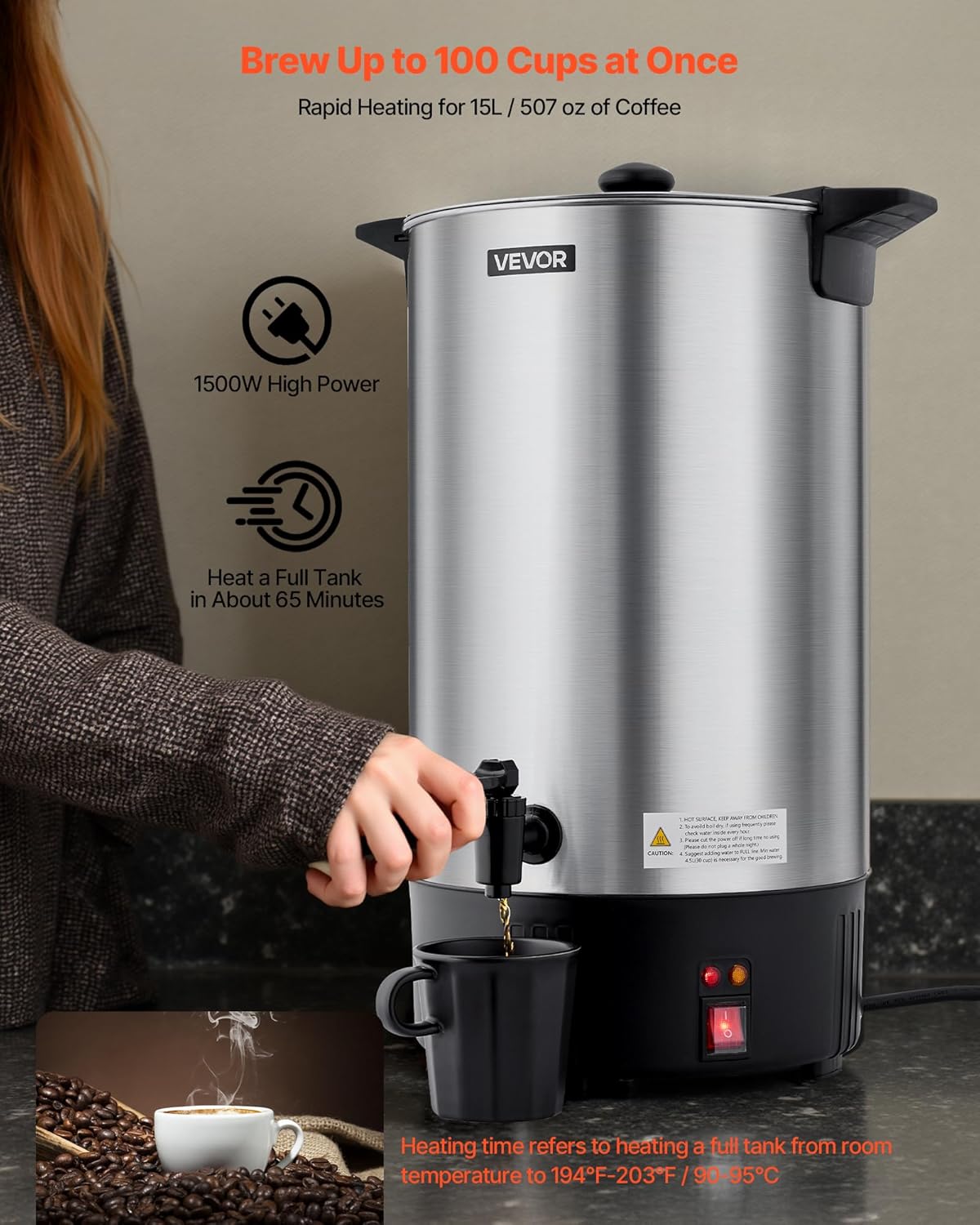 VEVOR Commercial Coffee Urn, 60 Cup 9 L Hot Beverage Dispenser with Dripless Faucet, Quick-Brewing Stainless Steel Large Commercial Coffee Maker, for Catering, Business, Party, Church & Restaurant