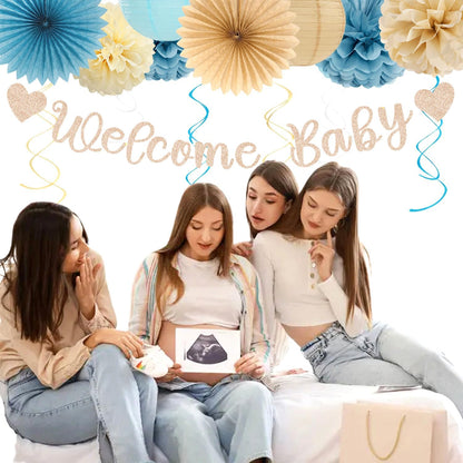 Champagne-Gold Beige Fall Baby-Shower Party-Decorations - 36pcs Welcome Home Banner Sign,Neutral Paper Lanterns,Girl Streamers Garland,Boho Hanging Tissue Pom Poms Flowers Fans Backdrop Decor Burgleda