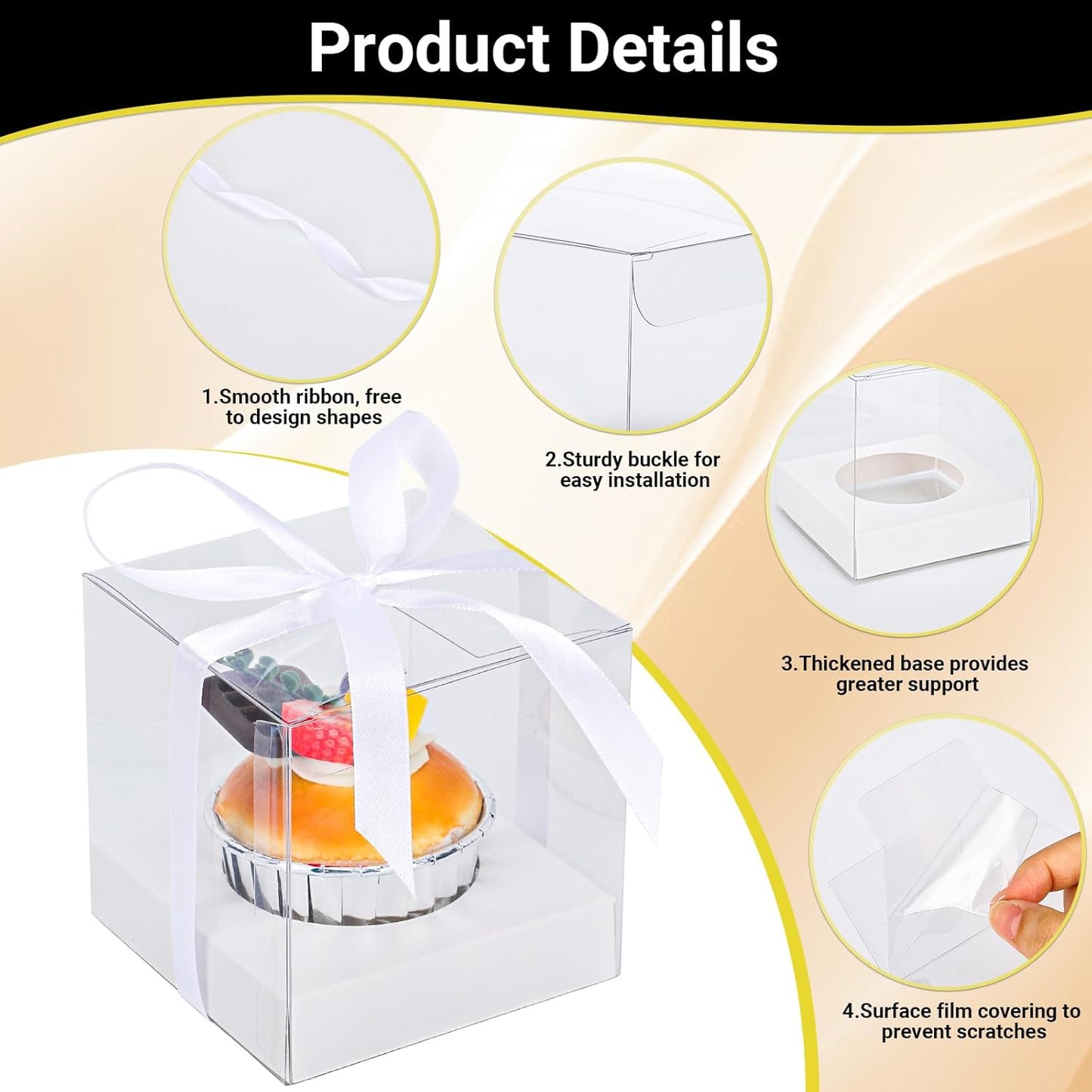 EUSOAR Individual Cupcake Holder, 50pcs 3.5 Inch Plastic Black Cupcake Containers with Lids, Single Transparent Display Clear Cupcake Carrier with Ribbon and Inserts for Wedding Party Favor