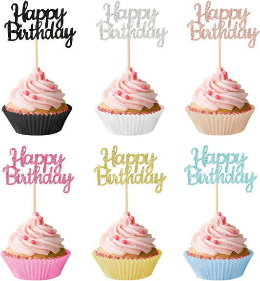 24 Pcs Happy Birthday Cupcake Toppers, Glitter Birthday Cupcake Toppers Sticks Birthday Cake Toppers Food Picks for Happy Birthday Party Anniversary Celebration Cake Cupcake Decorations, 6 Colors