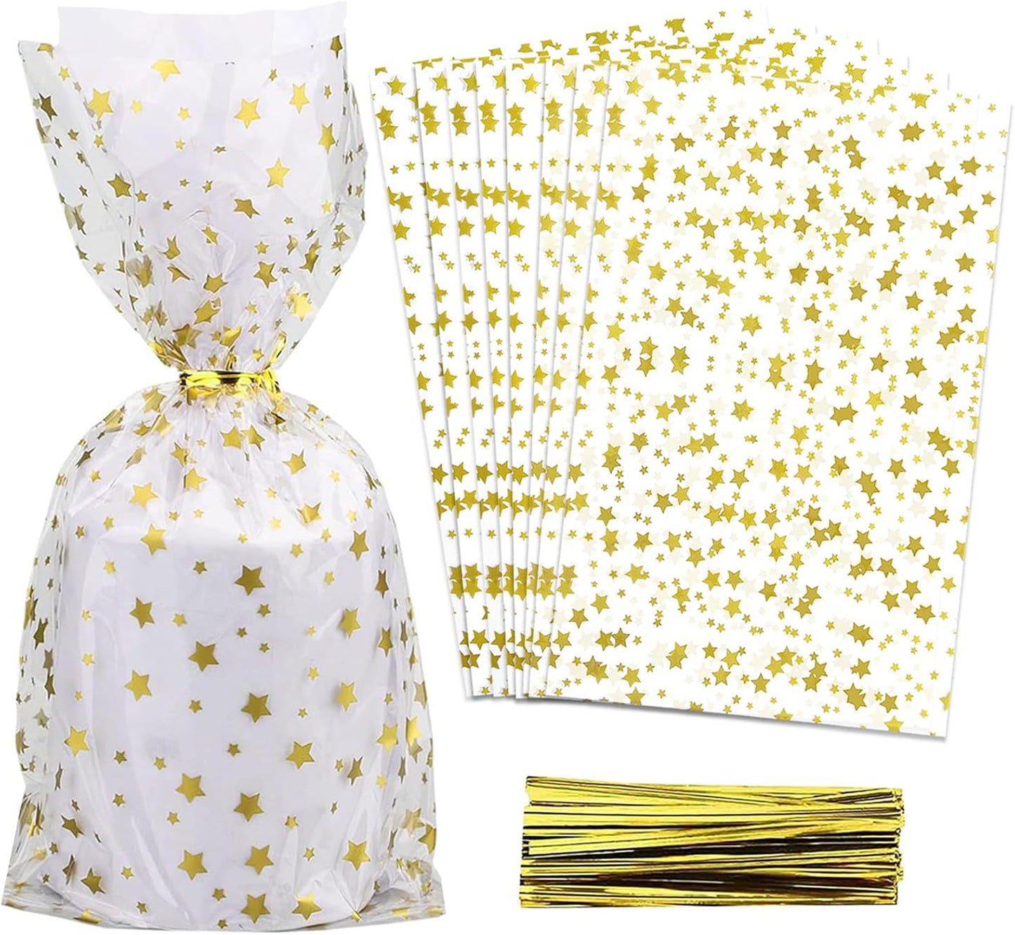 100 Pcs Star Printed 5"X 7" Gift Wrap Cello Cellophane Treat Bags Party Favor bags Clear Candy Cookie Bag Plastic Poly Goodie Storage Bag with Twist Ties for Bakery,Birthday, Wedding ,Party Decorations (Gold)