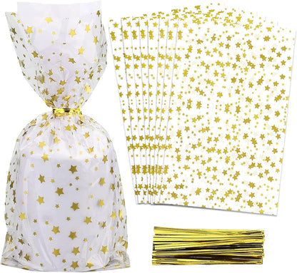 100 Pcs Star Printed 5"X 7" Gift Wrap Cello Cellophane Treat Bags Party Favor bags Clear Candy Cookie Bag Plastic Poly Goodie Storage Bag with Twist Ties for Bakery,Birthday, Wedding ,Party Decorations (Gold)