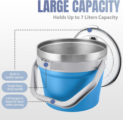 COKTIK 7L Vacuum Insulated Ice Bucket with Lid and Scoop& Tongs，Large capacity Stainless Steel Beverage Bucket for Cocktail, Champagne, Wine, Beer，Large Parties（Milk White Suit）