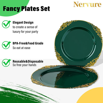 Nervure 350PCS Gold Plastic Plates - Gold Plastic Dinnerware Sets for 50 Guests - 100 Disposable Plates, 150 Silverware, 50 Cups, 50 Napkins for Wedding & Party & Mothers Day