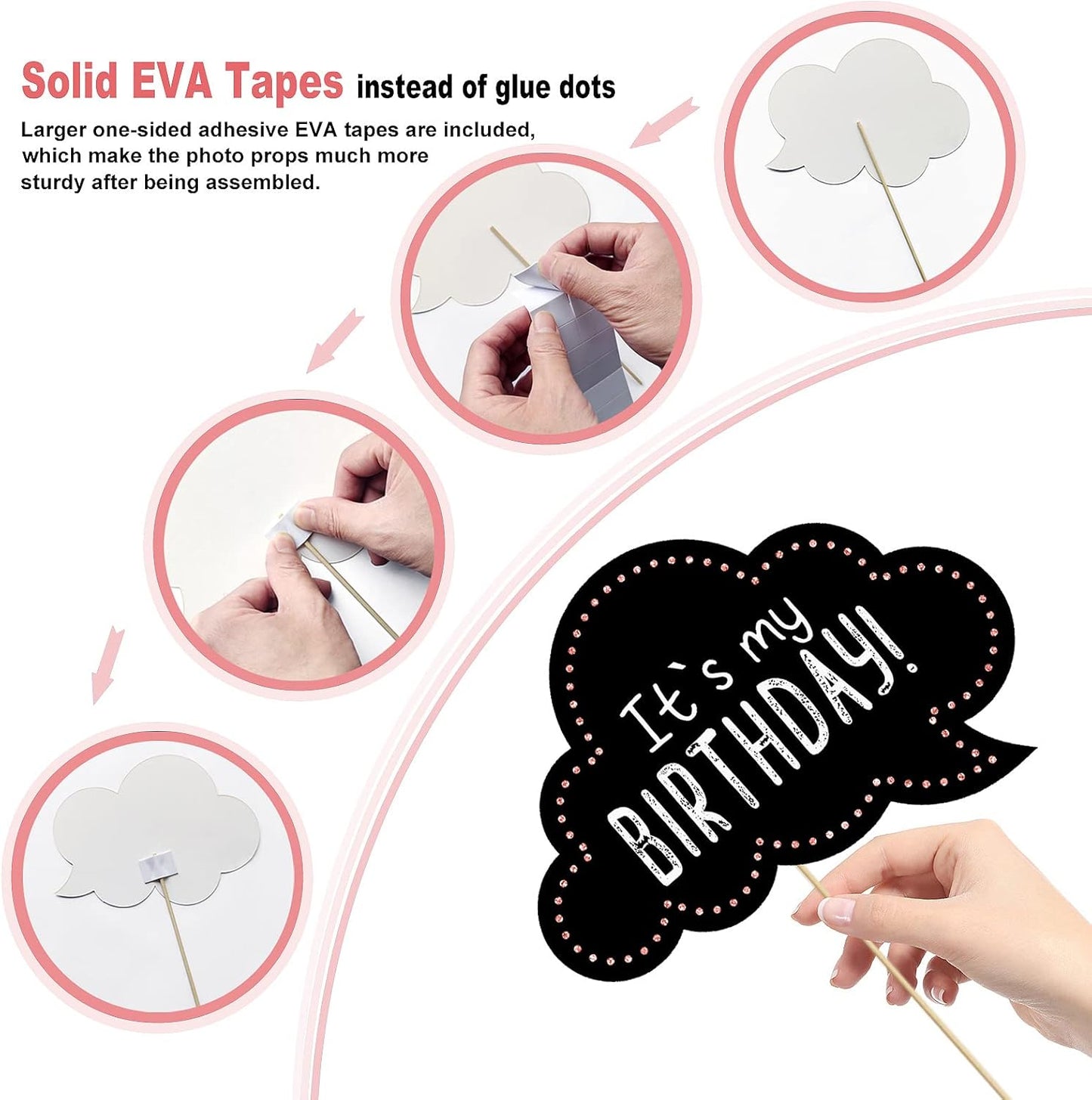 Birthday Photo Booth Props Kit - Happy Birthday Party Favors Supplies Bday Party Decoration Set with Real Glitter Cute Bday Designs for Women - Easy to Assemble 30 Pieces (Rose Gold)