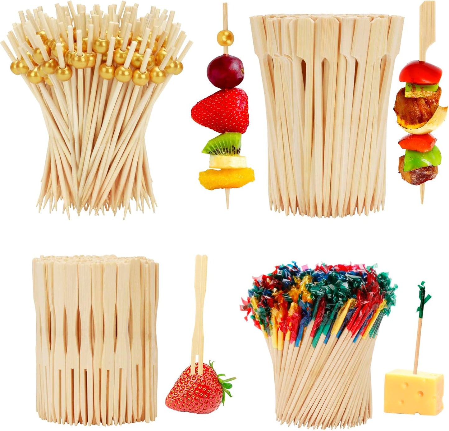 200PCS Cocktail Picks, Natural Wooden Ball Fancy Toothpicks for Appetizers, 4.7 Inch Long Bamboo Skewers Garnish Sticks for Food Drinks Sandwich Fruit Charcuterie Boards Accessories Party Supplies