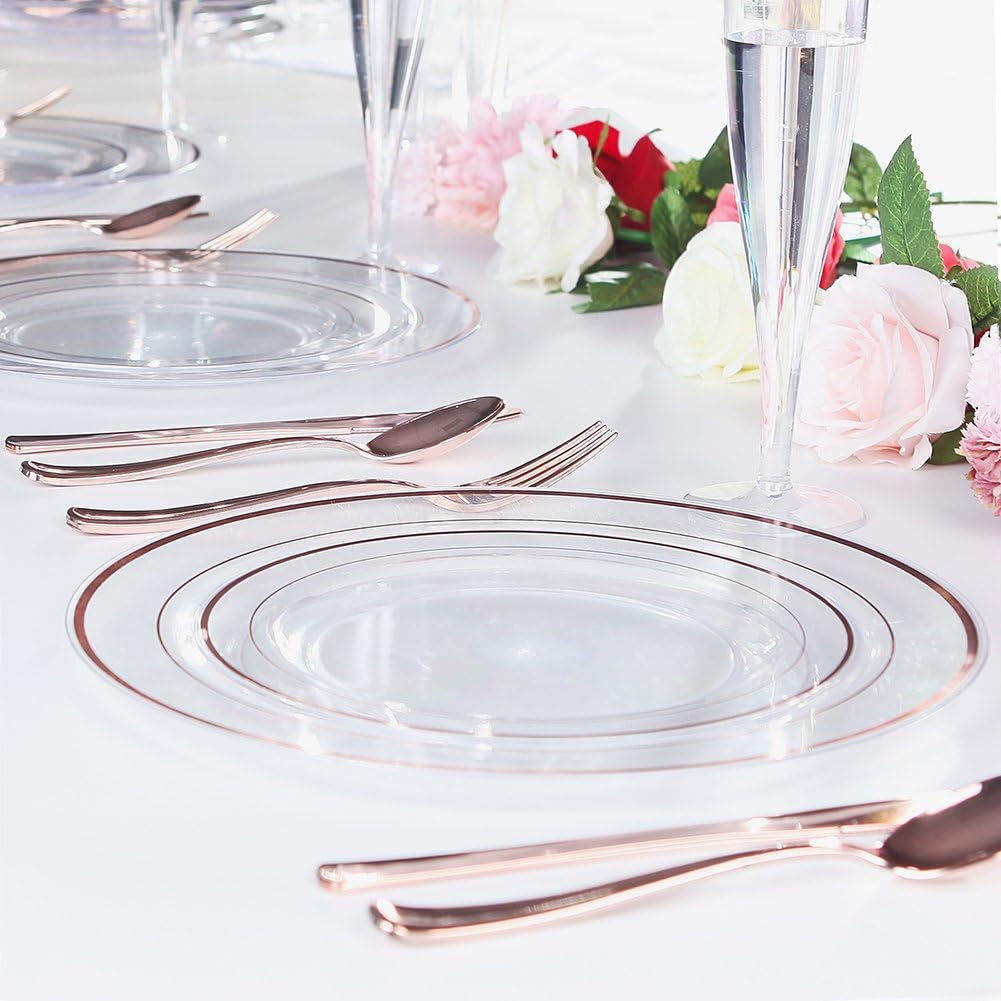 I00000 102 Pieces Gold Plastic Plates, Disposable Party Plates White Gold Rim, 51 Disposable Gold Dinner Plates 10.25 Inch and 51 Disposable Dessert Appetizer Elegant Fancy Wedding Plates 7.5 Inch