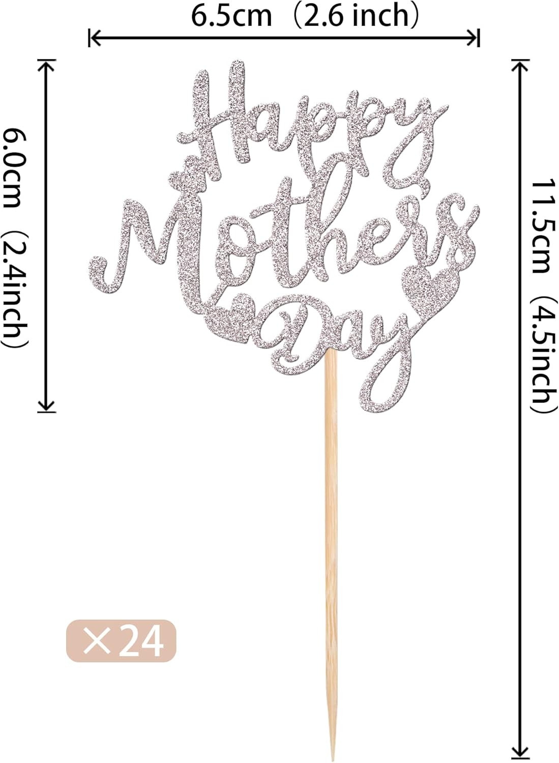 24 PCS Happy Mother's Day Cupcake Toppers with Glitter Heart Love Mother Best Mom Cupcake Picks for Happy Mother's Day Theme Women Birthday Party Cake Decorations Supplies Rose Gold