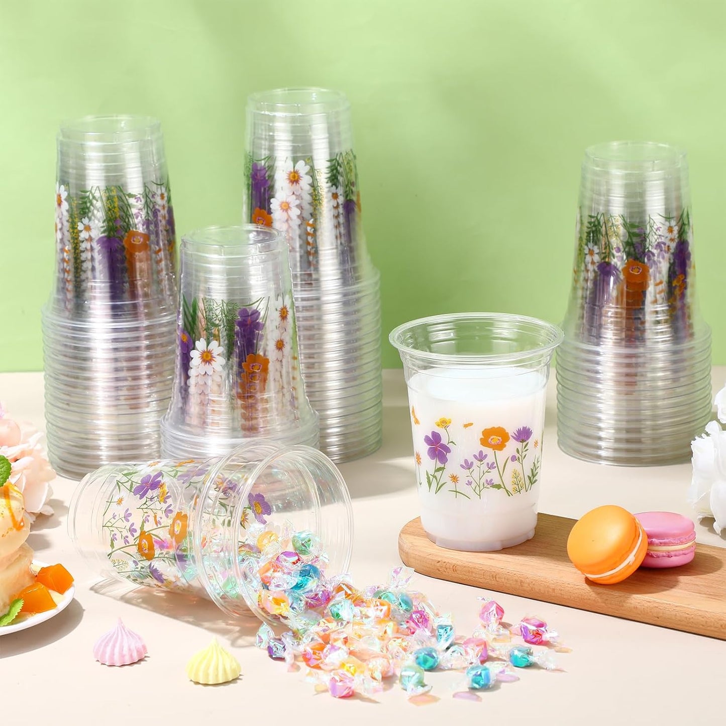 Hushee 60 Pcs Purple Floral Cups with Spring Summer Flower 16 oz Wildflowers Plastic Disposable Drinking Cups for Summer Spring Birthday Baby Shower Wedding Party Supplies