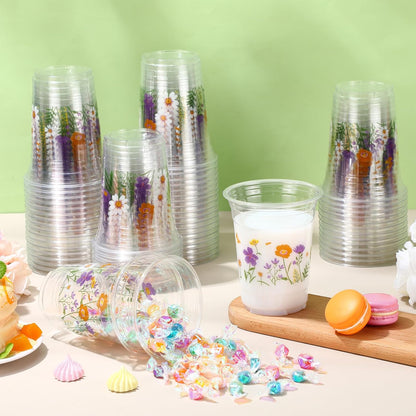 Hushee 60 Pcs Purple Floral Cups with Spring Summer Flower 16 oz Wildflowers Plastic Disposable Drinking Cups for Summer Spring Birthday Baby Shower Wedding Party Supplies