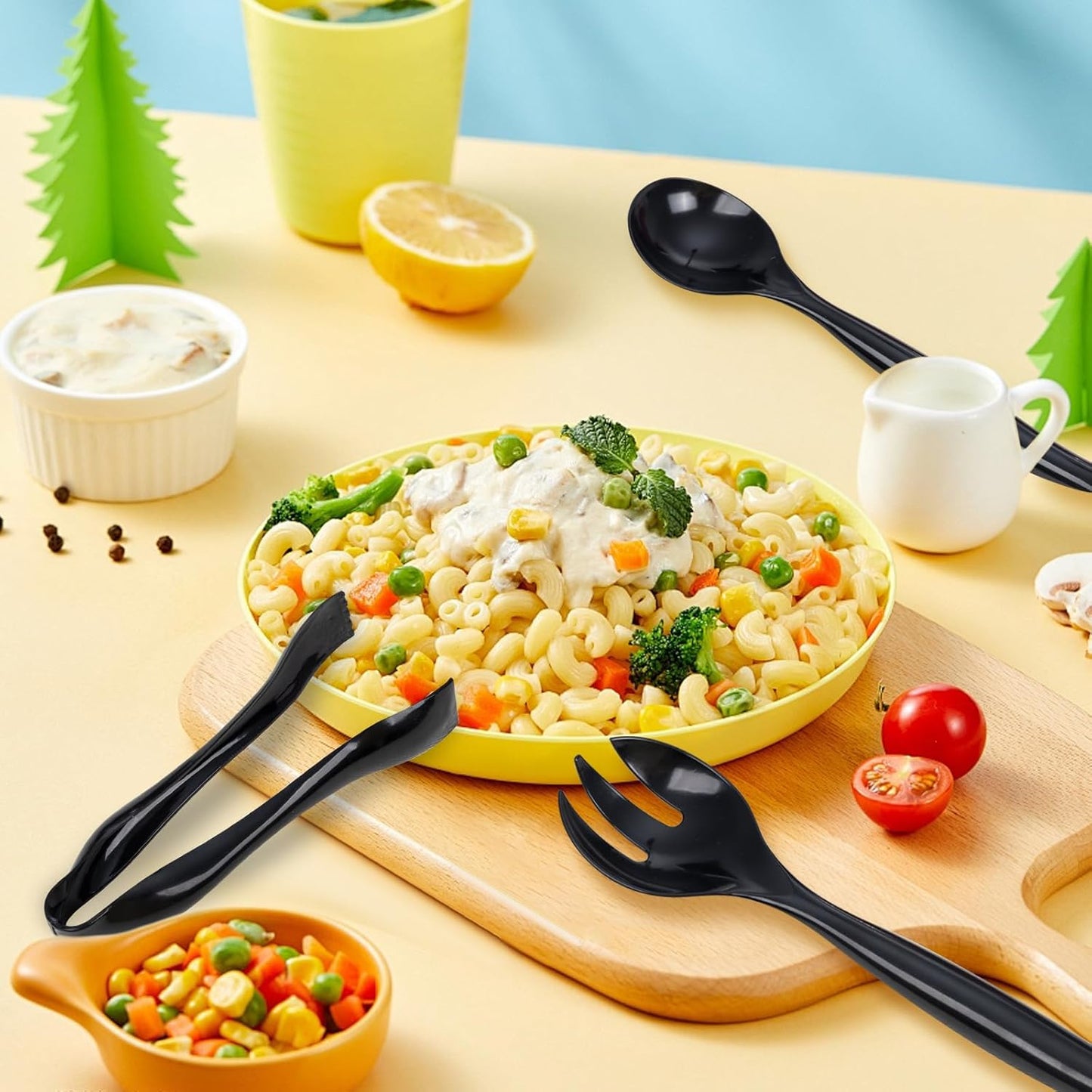 Supernal 72pcs Plastic Serving Utensils Heavy Duty Disposable Serving Tongs Black Disposable Serving Set 10" Spoons 10" Forks 6" Tongs Each 24pcs