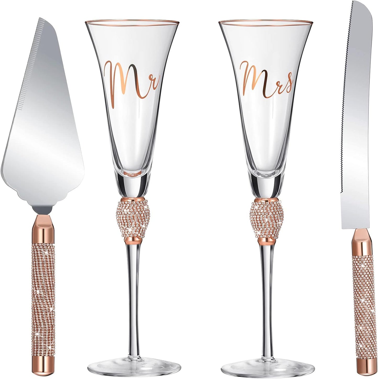 Boao 4 Piece Mr and Mrs Champagne Flutes and Cake Knife Server Set Crystal Wedding Toasting Flutes Rhinestone Cake Cutting Set for Bride and Groom Wedding Engagement Bridal Shower Gifts(Silver)