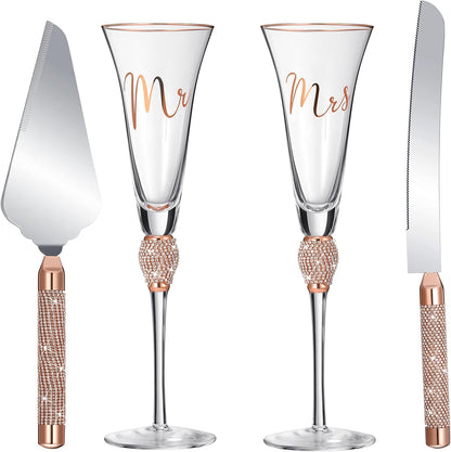 Boao 4 Piece Mr and Mrs Champagne Flutes and Cake Knife Server Set Crystal Wedding Toasting Flutes Rhinestone Cake Cutting Set for Bride and Groom Wedding Engagement Bridal Shower Gifts(Silver)