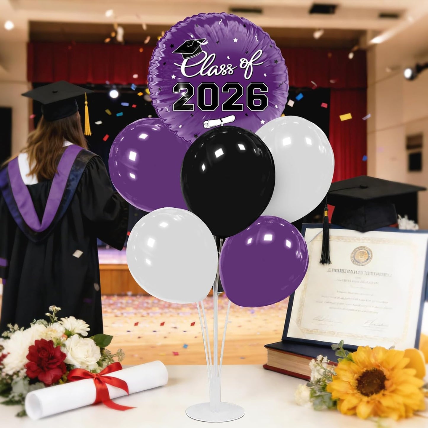 Graduation Decorations - 4 Set Balloon Stands, Class of 2026 Congrats Grad Table Centerpieces for Graduation Party Supplies(Gold& Black)