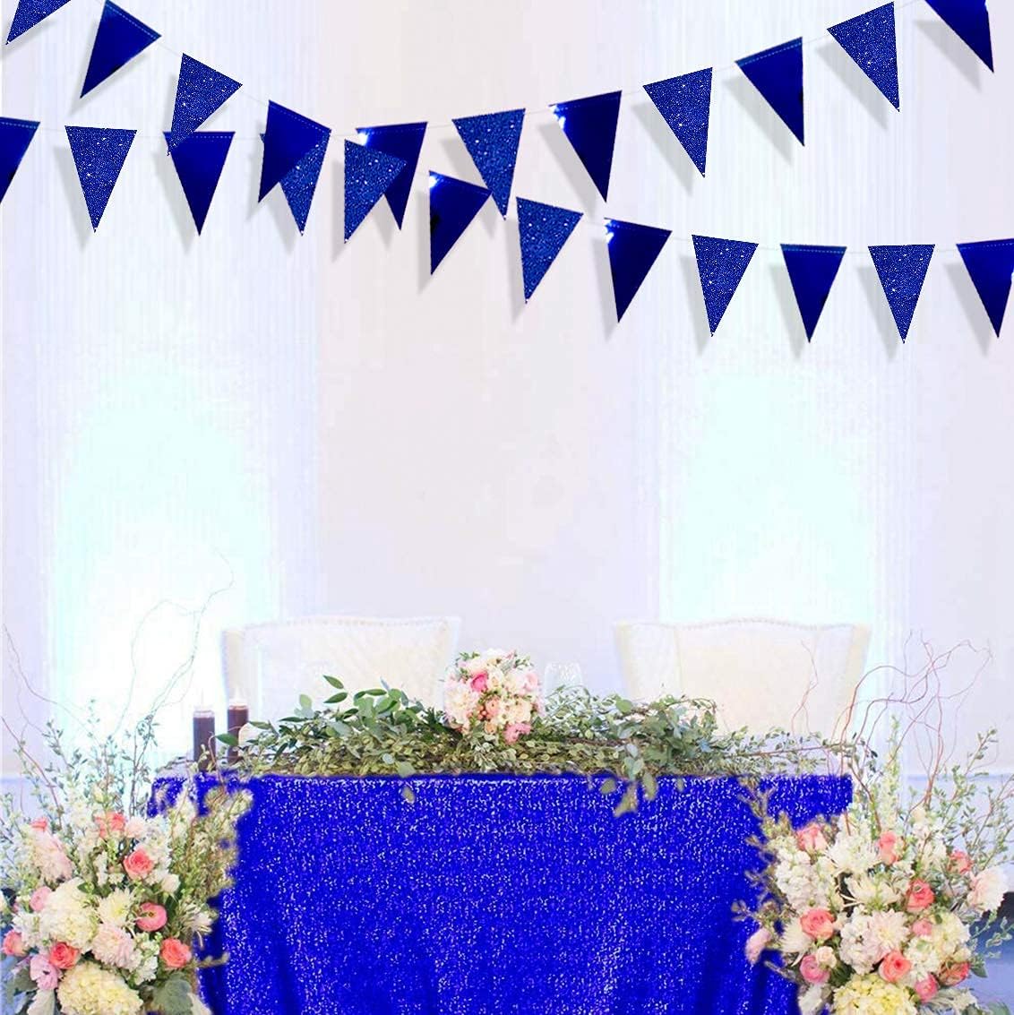 30Ft Navy Blue Gold and Beige Party Decorations Royal Blue Gold Triangle Flag Pennant Banner Bunting for Graduation Birthday Wedding Bridal Shower Nautical Ahoy Achor Theme Party Decorations Supplies